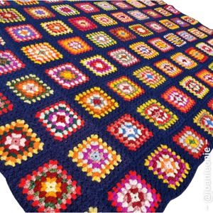VINTAGE Afghan Granny Square Crocheted Big Bang Roseann Knit Multicolored